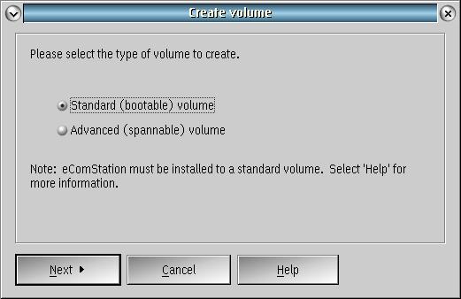 first page of Create Volume dialog